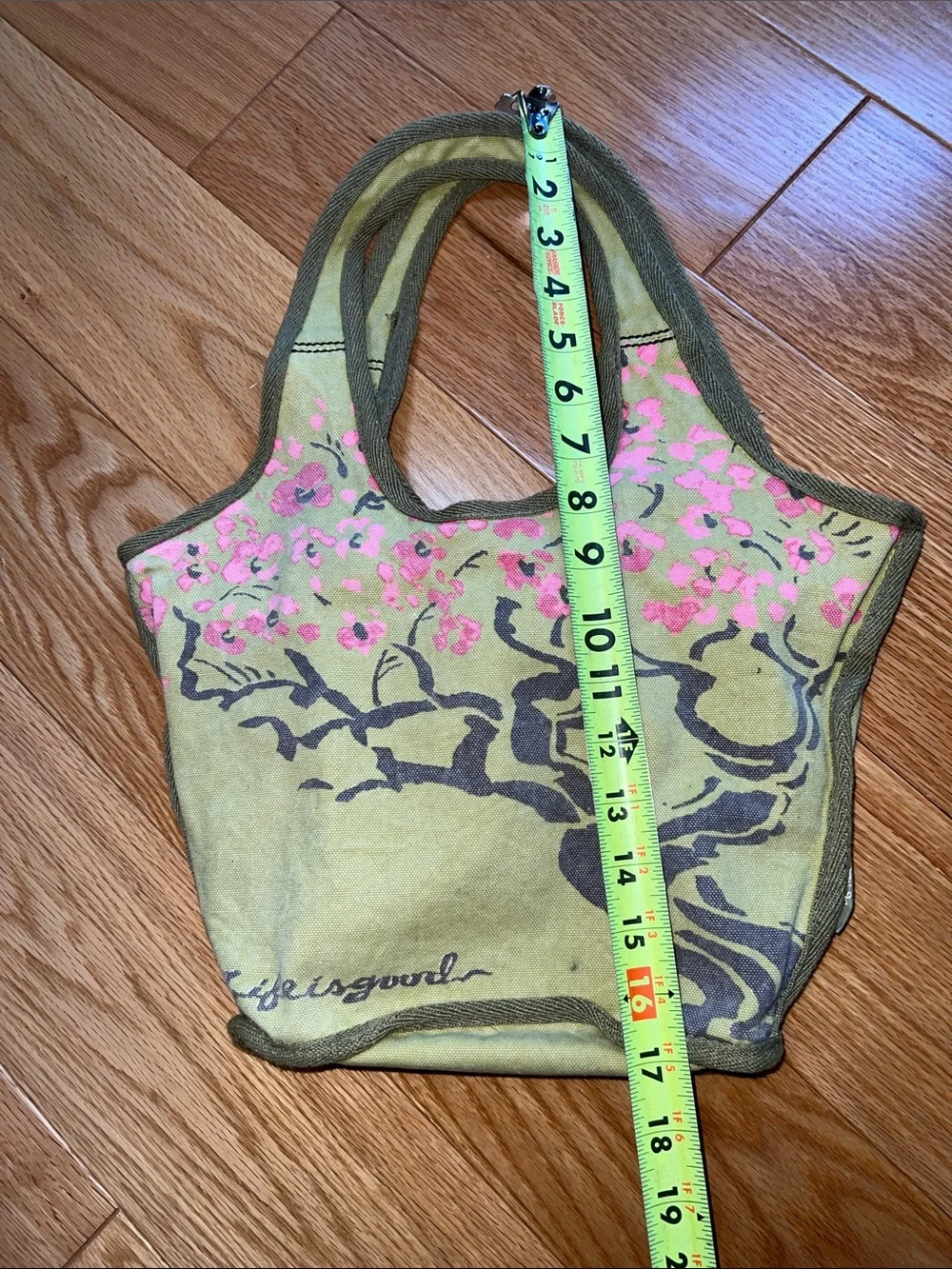 Life Is Good cherry blossoms Olive Green Canvas Tote with Pink Floral Print